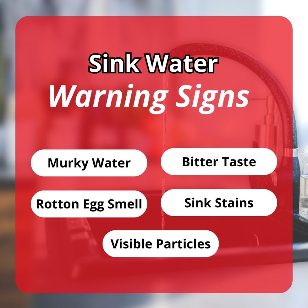 An infographic titled "Sink Water Warning Signs" on a red-tinted background listing five common indicators of water issues: murky water, bitter taste, rotten egg smell, sink stains, and visible particles.