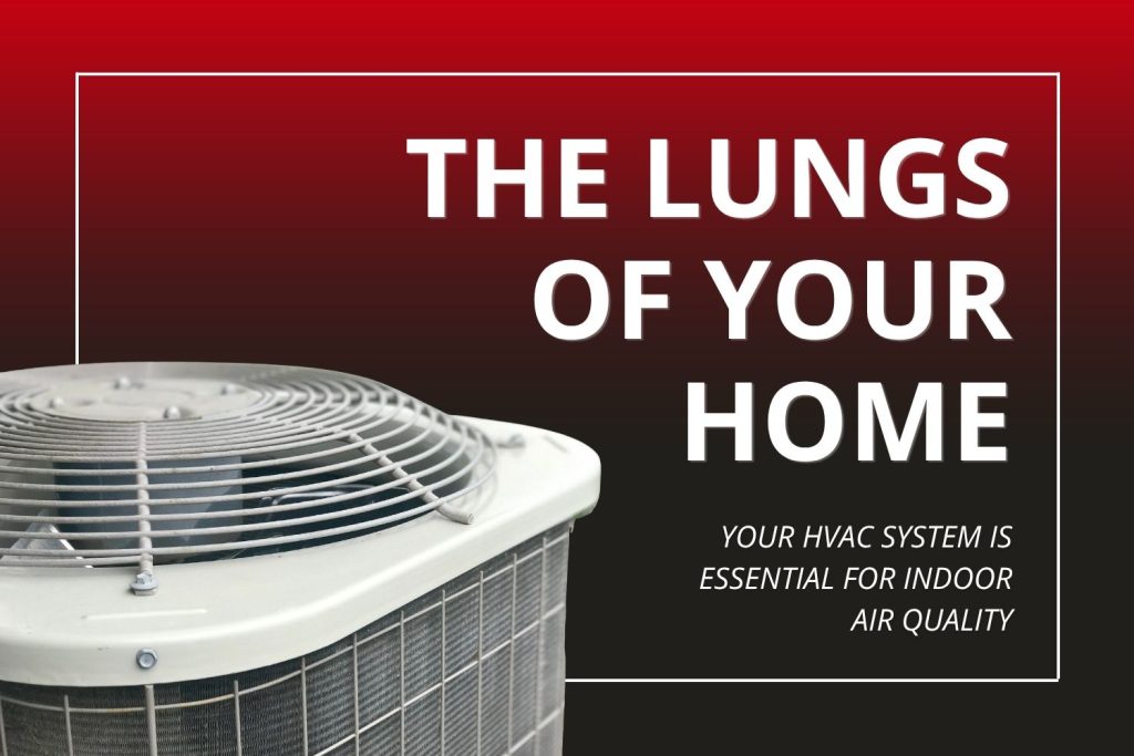 A professional graphic featuring a close-up of an outdoor AC condenser unit with text that reads "The Lungs of Your Home: Your HVAC system is essential for indoor air quality."