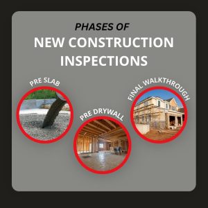 Infographic on a grey background illustrating the three critical phases of new construction inspections: the pre-slab concrete pour, pre-drywall framing, and the final walkthrough.