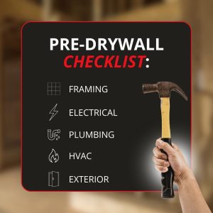 Pre-drywall checklist graphic listing Framing, Electrical, Plumbing, HVAC, and Exterior alongside a hand holding a hammer.
