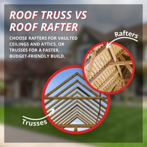 Visual comparison graphic titled "Roof Truss vs Roof Rafter" with labeled photos of roof rafters and prefabricated trusses, advising rafters for vaulted ceilings and trusses for a faster, budget-friendly build.