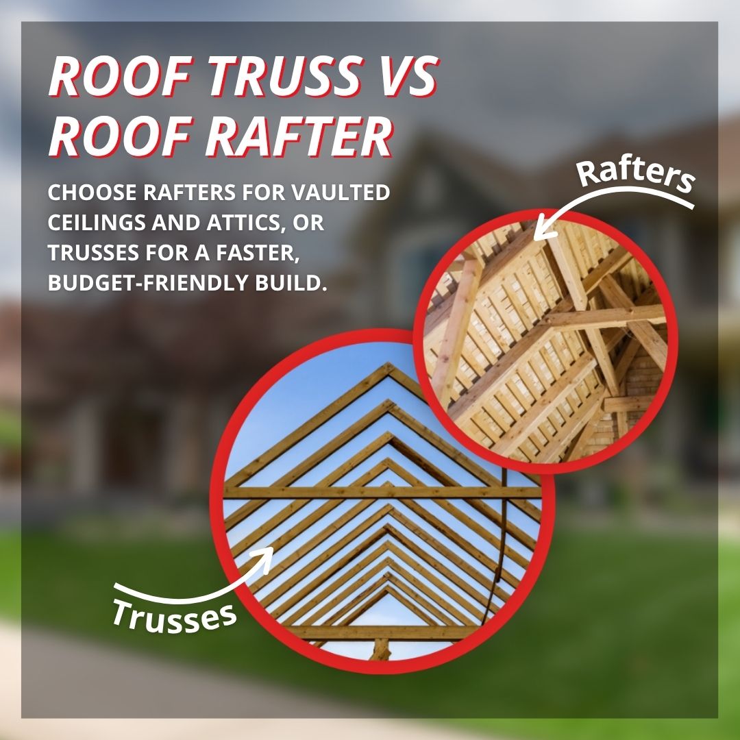 Visual comparison graphic titled "Roof Truss vs Roof Rafter" with labeled photos of roof rafters and prefabricated trusses, advising rafters for vaulted ceilings and trusses for a faster, budget-friendly build.