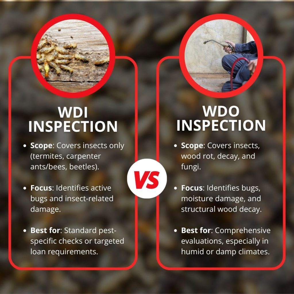 Infographic comparing WDI inspections (covering wood-destroying insects only) versus WDO inspections (covering insects, wood rot, decay, and fungi).