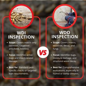 Infographic comparing WDI inspections (covering wood-destroying insects only) versus WDO inspections (covering insects, wood rot, decay, and fungi).