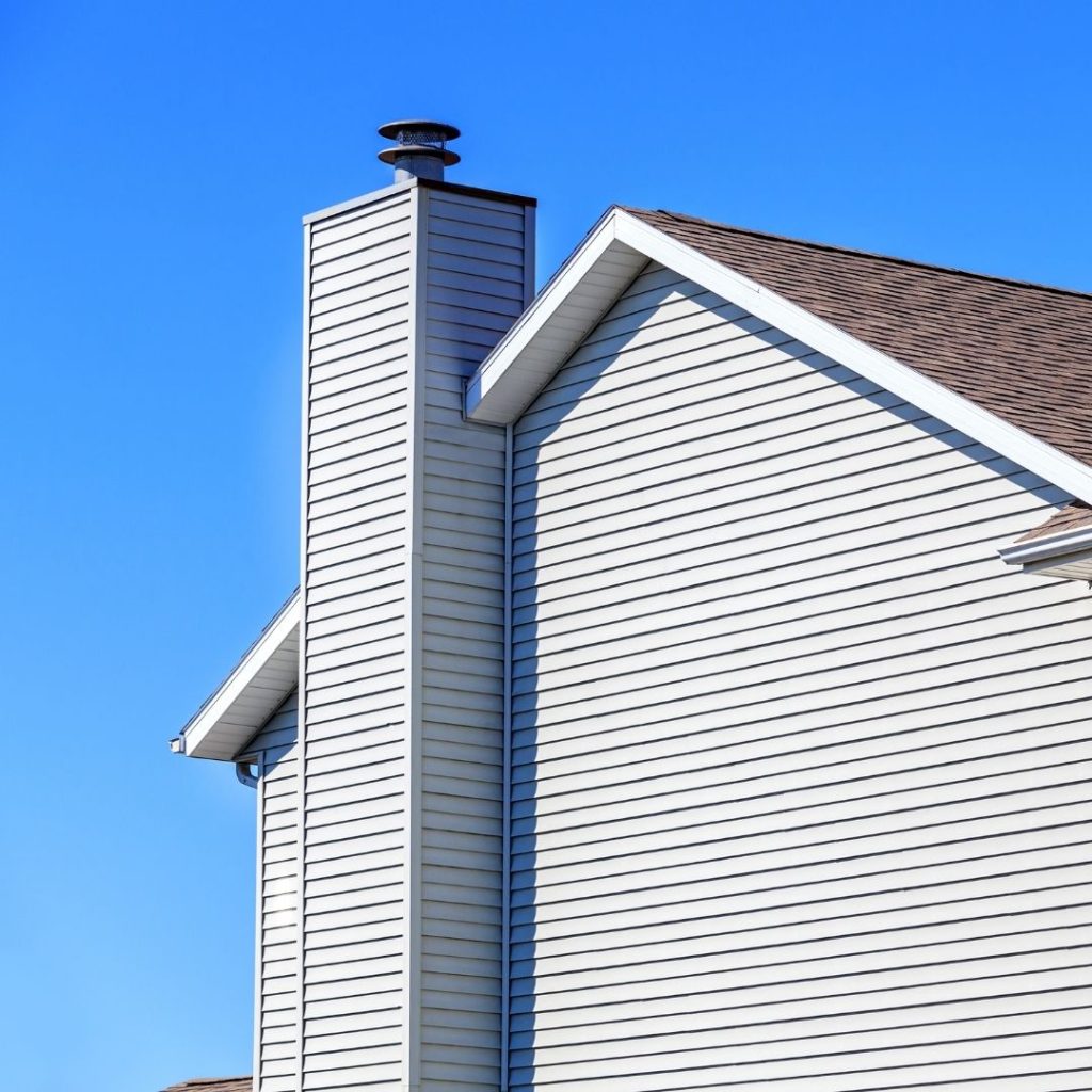 Exterior view of a home showcasing light-colored horizontal siding, a roof gable, and a chimney set against a blue sky.